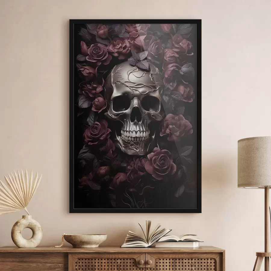 Fotobehang Mysterieus schedelreliëf in Bourgondische rozen f50914
