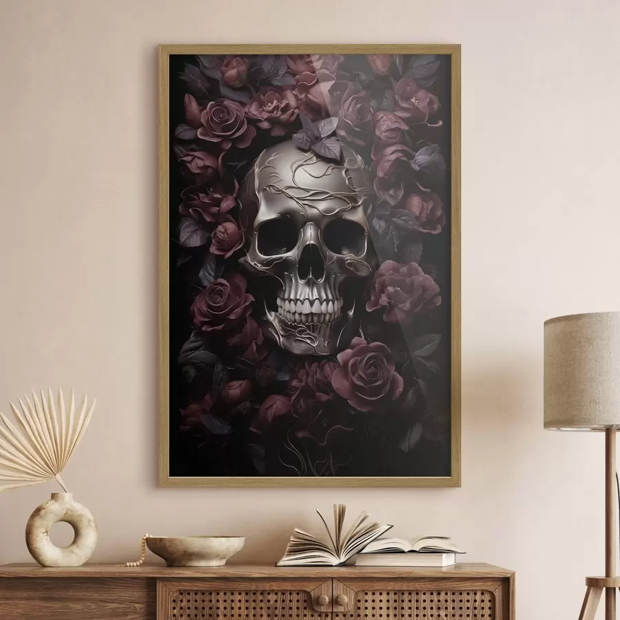 Fotobehang Mysterieus schedelreliëf in Bourgondische rozen f50914