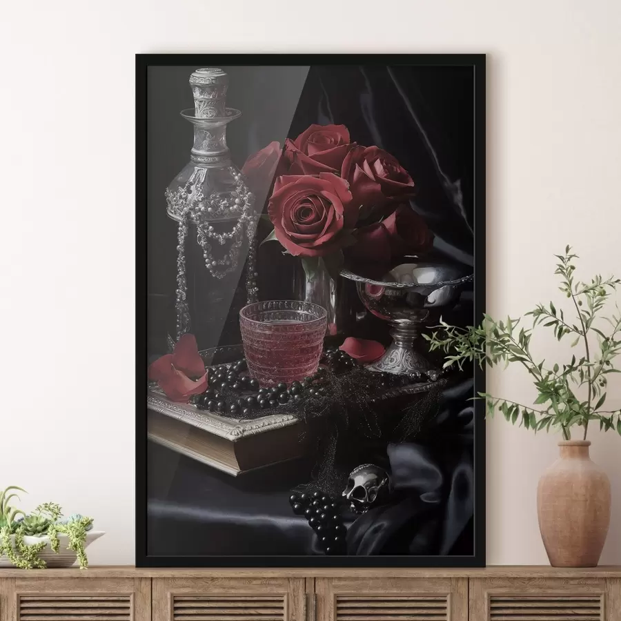 Fotobehang Vintage stilleven met glas en rozen f50915