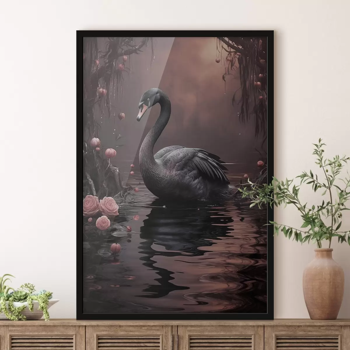 Poster Zwarte zwaan op het wateroppervlak van het meer f50917