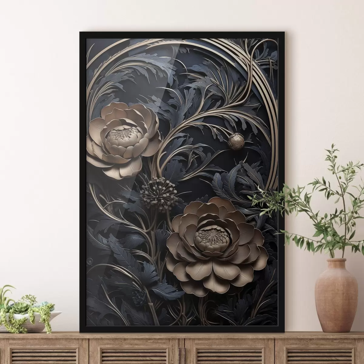 Poster Reliefornament van brons met bloemen f50918