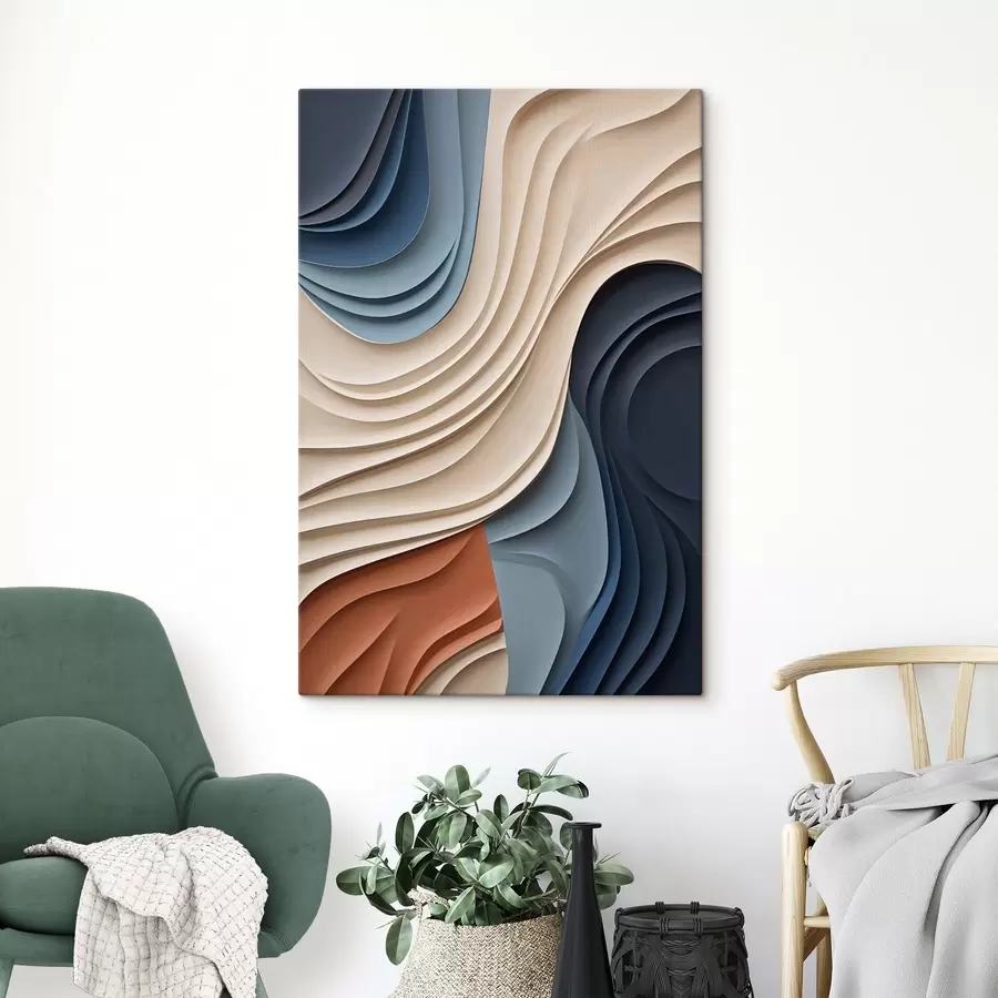  Schilderijen Abstracte, golvende lagen in crème, blauw en oranje, moderne kunst met textuur s50949