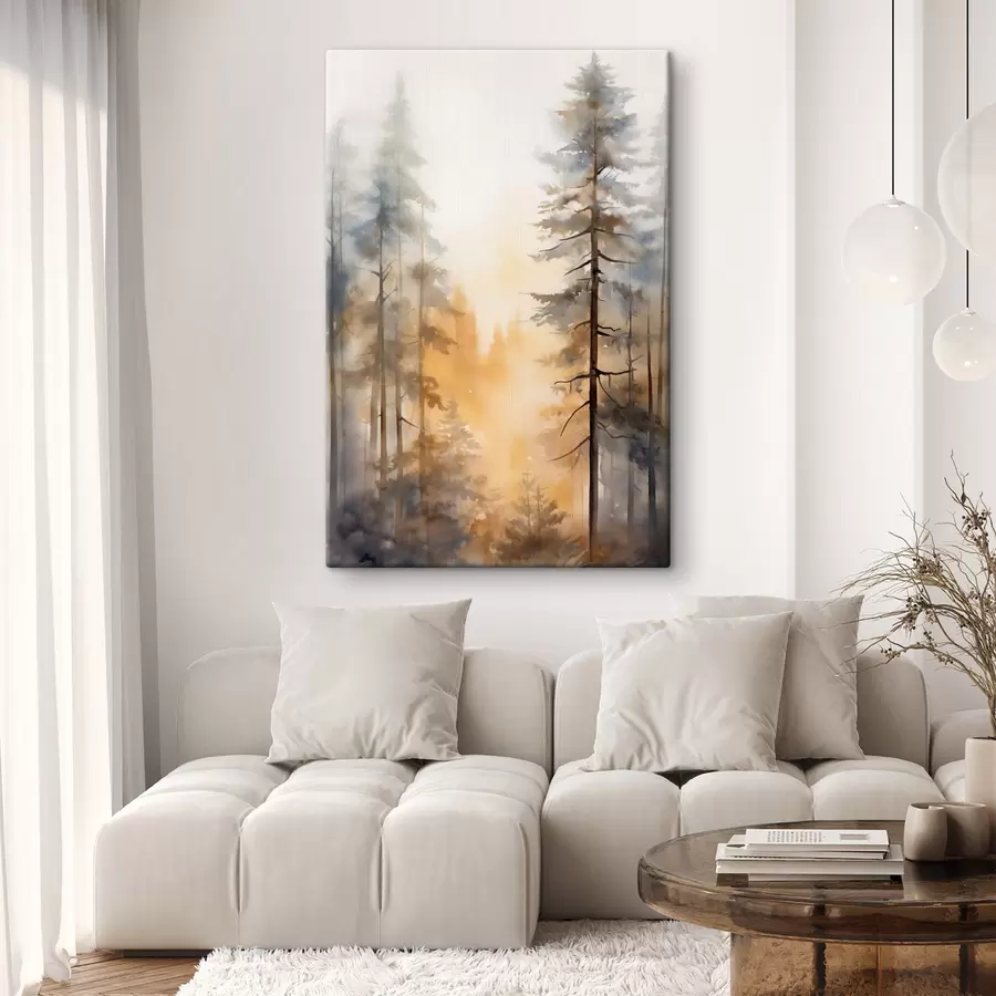  Schilderijen Hoge dennenbomen, boslandschap met warm oranje licht s50959