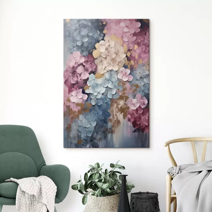  Schilderijen Hortensia’s in roze, crèmekleurige en blauwe tinten, met bloemblaadjes met een structuur, abstracte kunst s50968