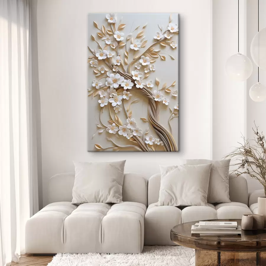  Schilderijen Boom met witte bloemen en bruine stengels, lichtbeige achtergrond met gestructureerde krullen s50972