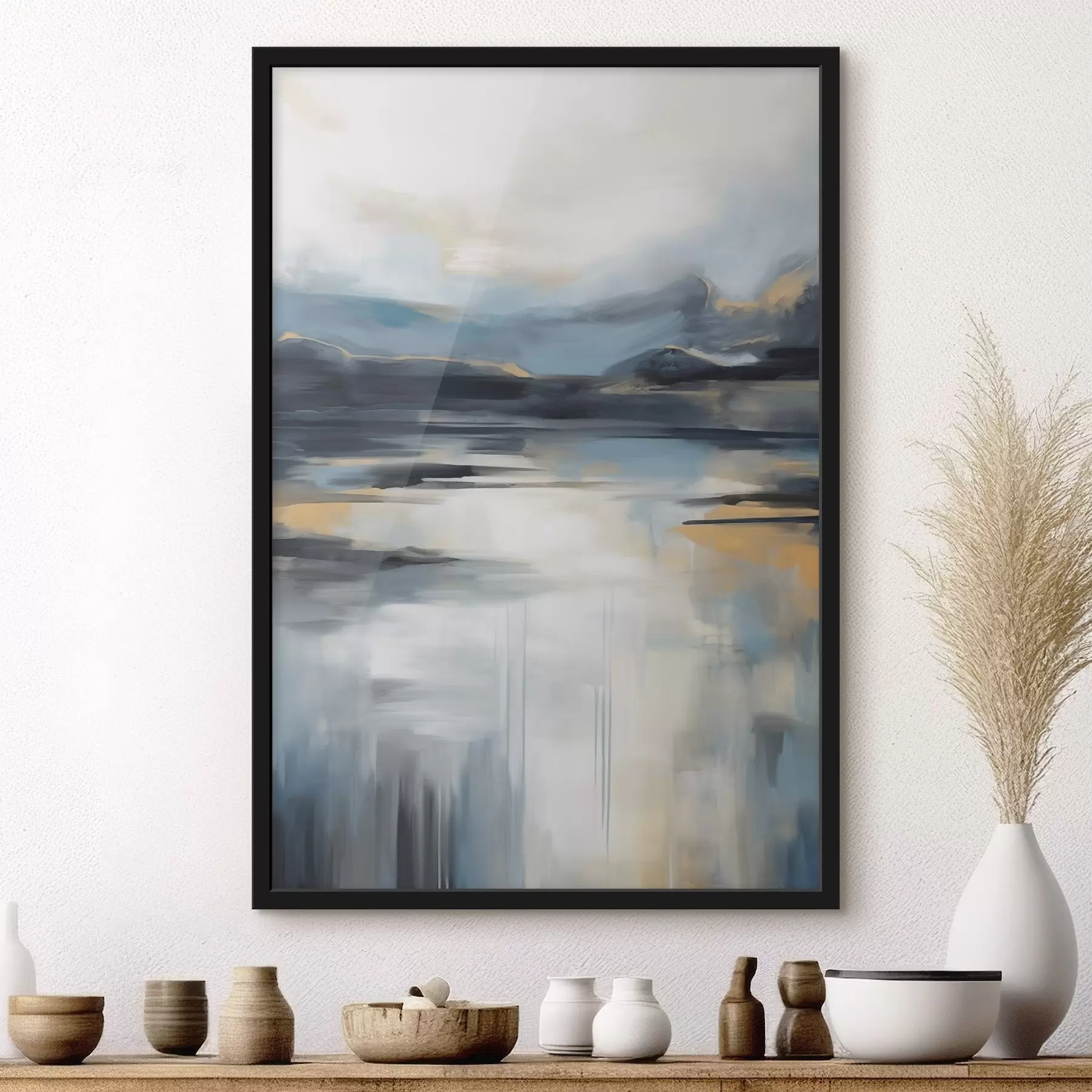 Fotobehang Abstrakt landschap met blauw, grijs en geel, in de stijl van een schilderij met textuur f50946