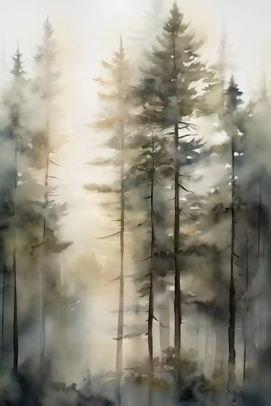 Fotobehang Hoge dennenbomen in een mistig bos met zonnig licht f50947