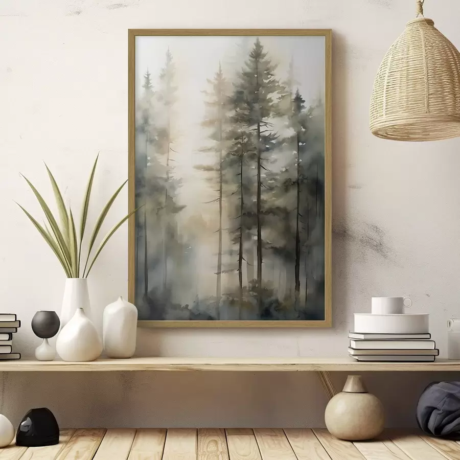 Fotobehang Hoge dennenbomen in een mistig bos met zonnig licht f50947
