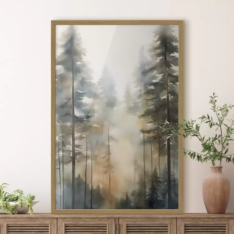 Fotobehang Hoge dennenbomen in een mistig bos met zonnig licht f50948