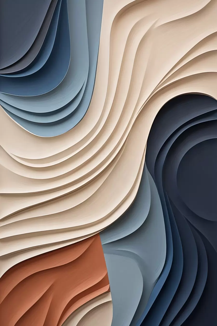 Fotobehang Abstracte, golvende lagen in crème, blauw en oranje, moderne kunst met textuur f50949