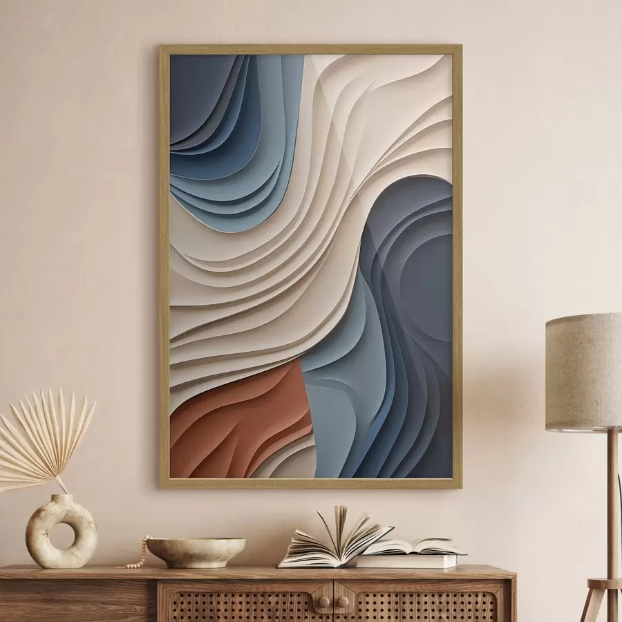 Fotobehang Abstracte, golvende lagen in crème, blauw en oranje, moderne kunst met textuur f50949