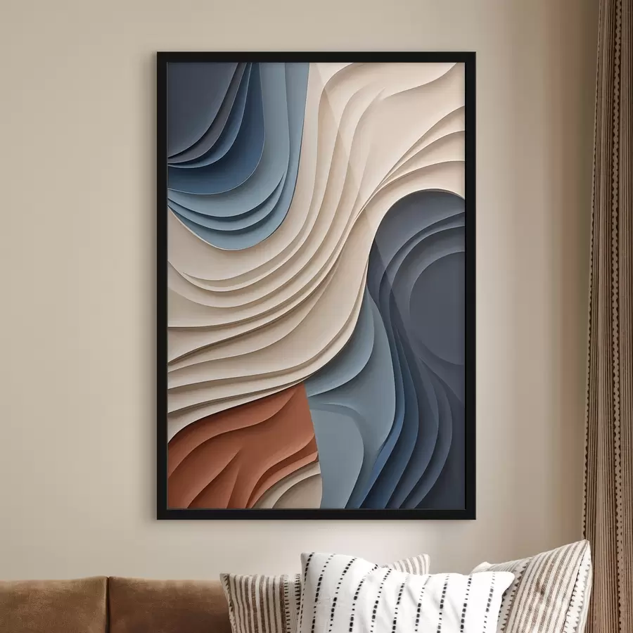Fotobehang Abstracte, golvende lagen in crème, blauw en oranje, moderne kunst met textuur f50949
