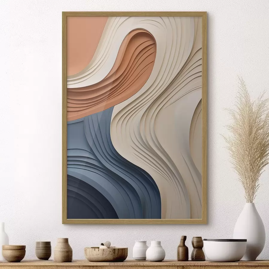 Fotobehang Abstracte, golvende lagen in crème, blauw en oranje, moderne kunst met textuur f50950