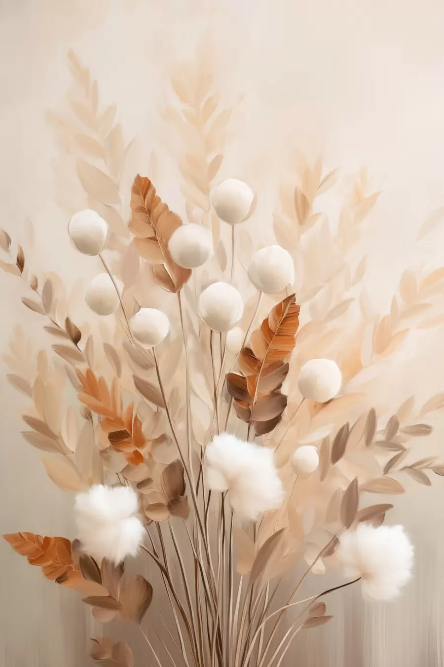 Fotobehang Een boeket van witte, pluizige bloemen en gedroogde oranje blaadjes in zachte, ingetogen kleuren f50951