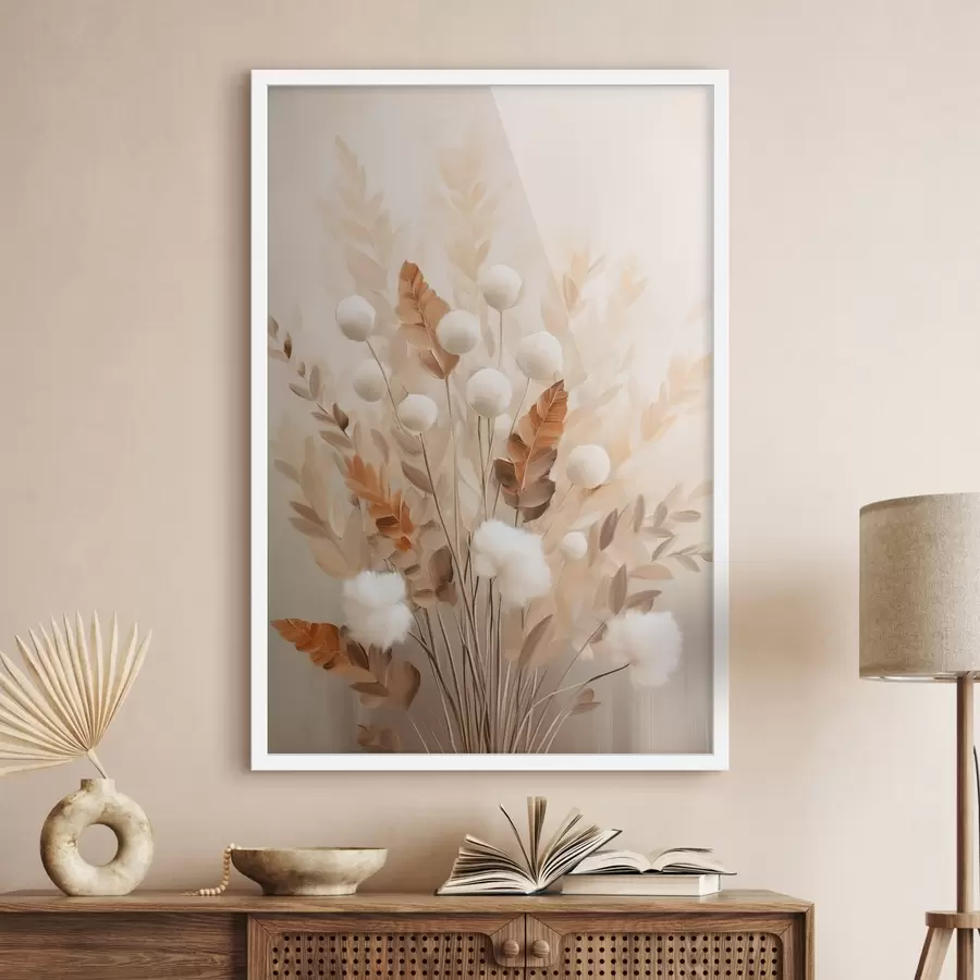 Fotobehang Een boeket van witte, pluizige bloemen en gedroogde oranje blaadjes in zachte, ingetogen kleuren f50951
