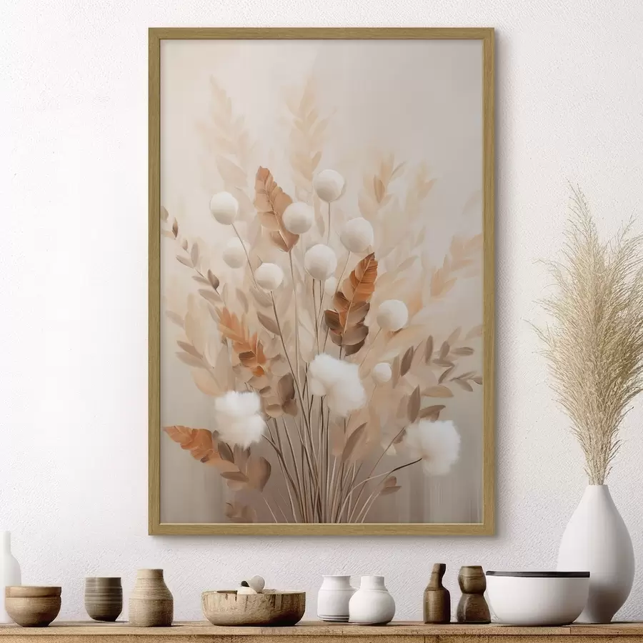 Fotobehang Een boeket van witte, pluizige bloemen en gedroogde oranje blaadjes in zachte, ingetogen kleuren f50951