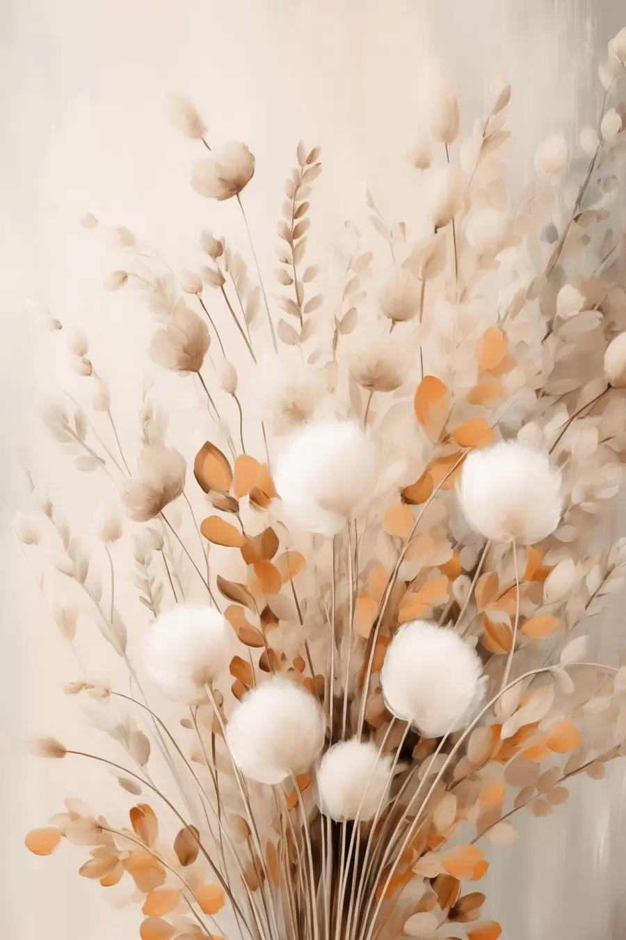 Fotobehang Een boeket van witte, pluizige bloemen en gedroogde oranje blaadjes in zachte, ingetogen kleuren f50952