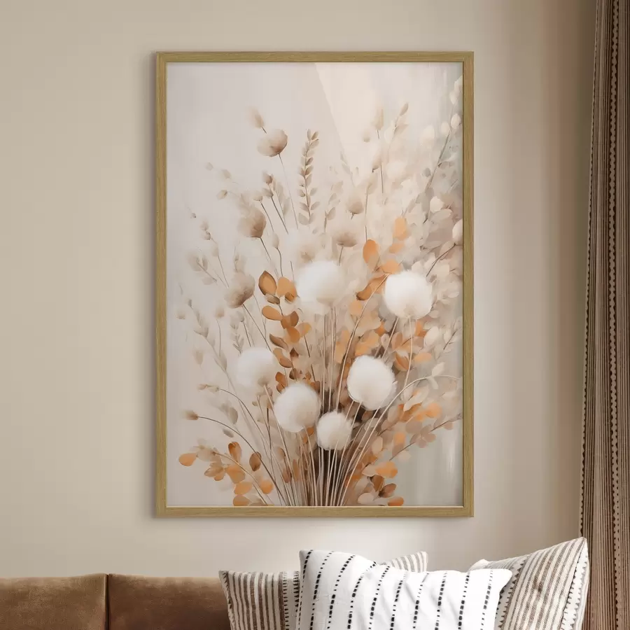Fotobehang Een boeket van witte, pluizige bloemen en gedroogde oranje blaadjes in zachte, ingetogen kleuren f50952