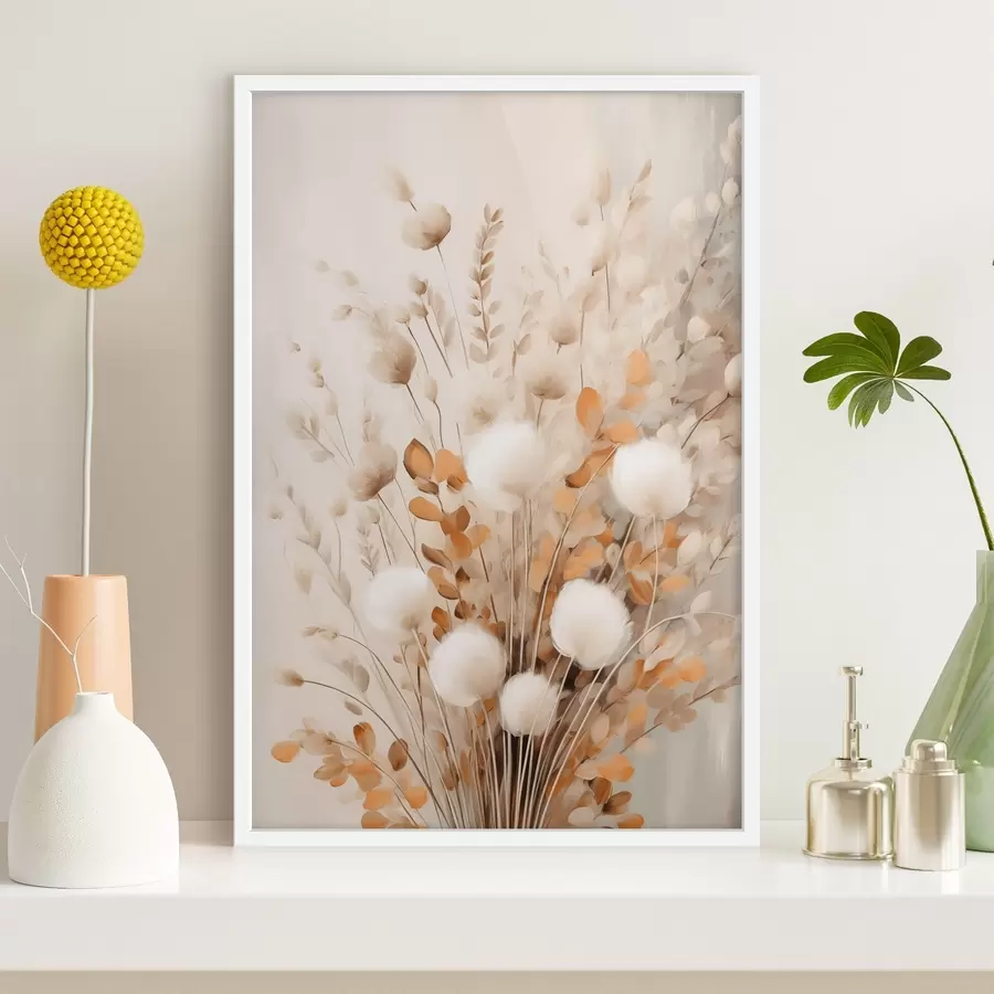 Fotobehang Een boeket van witte, pluizige bloemen en gedroogde oranje blaadjes in zachte, ingetogen kleuren f50952
