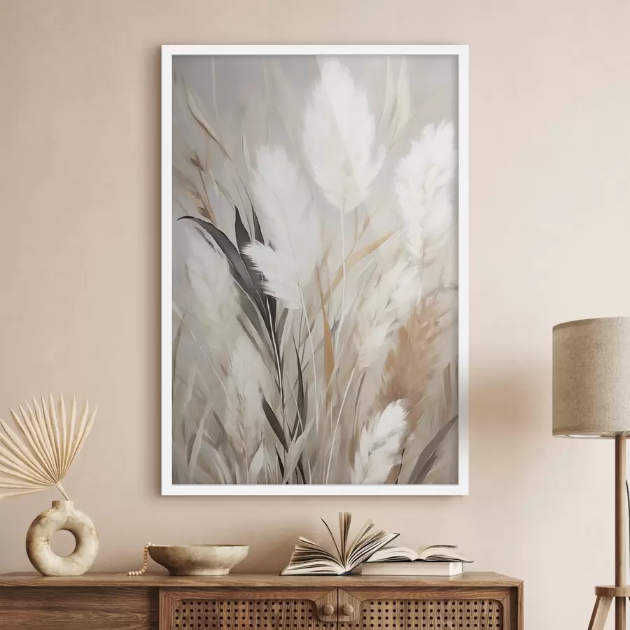 Fotobehang Pampasgras met witte en zwarte bladeren tegen een neutrale achtergrond f50955