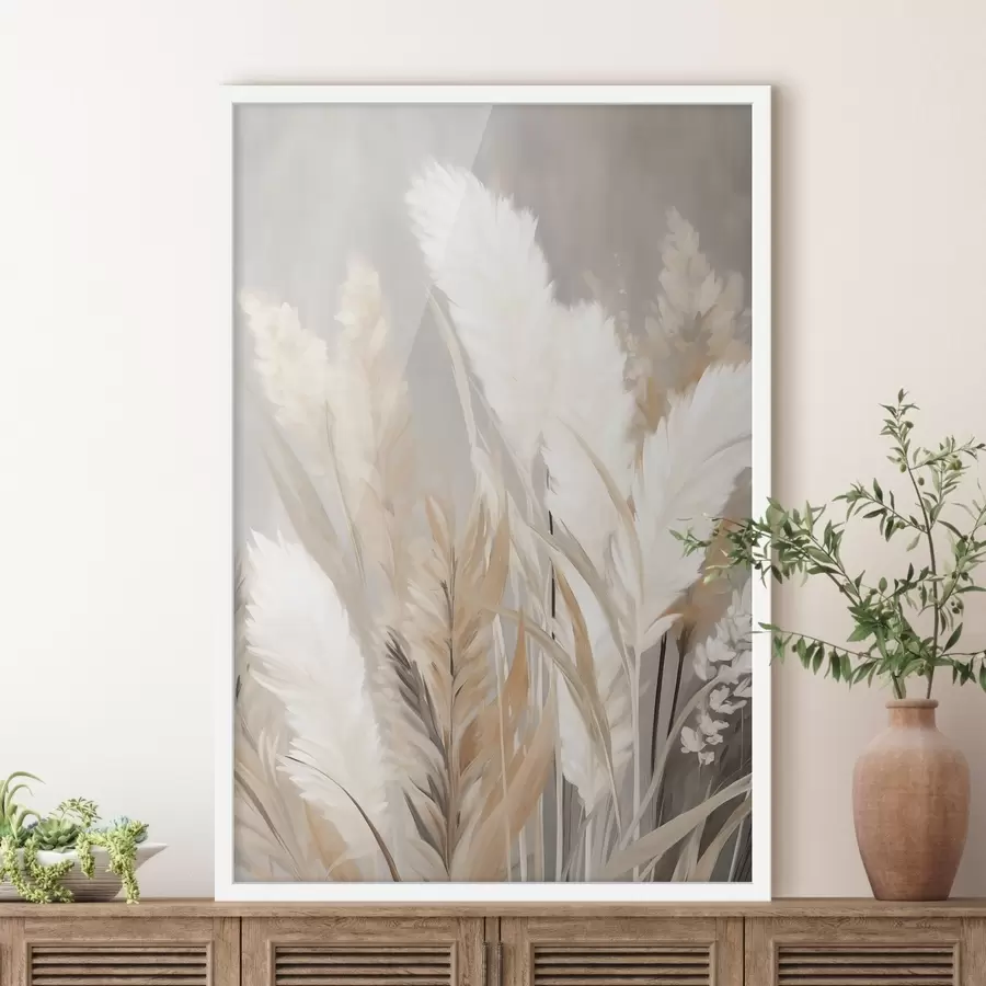 Fotobehang Pampasgras met witte en zwarte bladeren tegen een neutrale achtergrond f50956