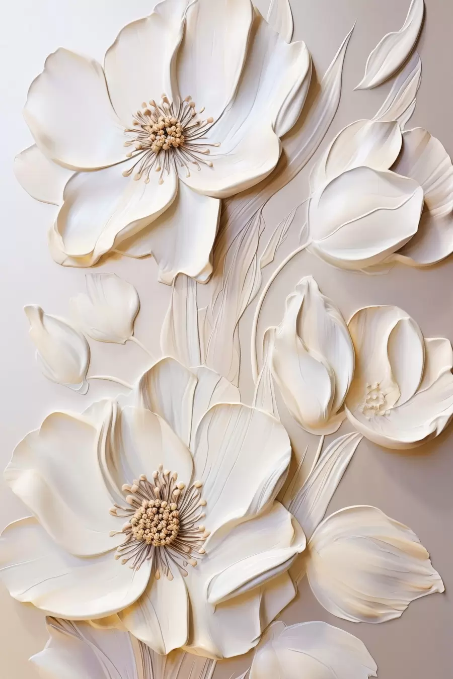 Fotobehang Crèmekleurige bloemen met gestructureerde bloemblaadjes, tegen een zachte, lichte achtergrond f50957