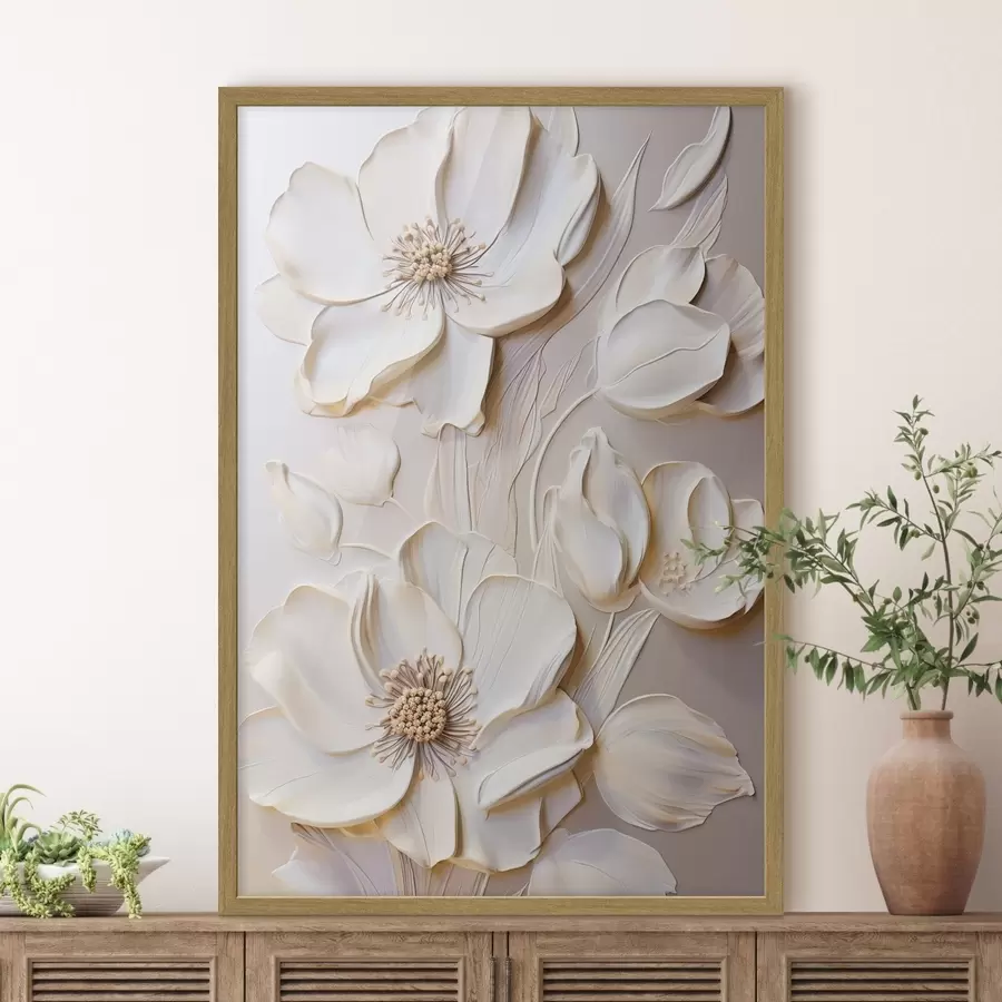 Fotobehang Crèmekleurige bloemen met gestructureerde bloemblaadjes, tegen een zachte, lichte achtergrond f50957
