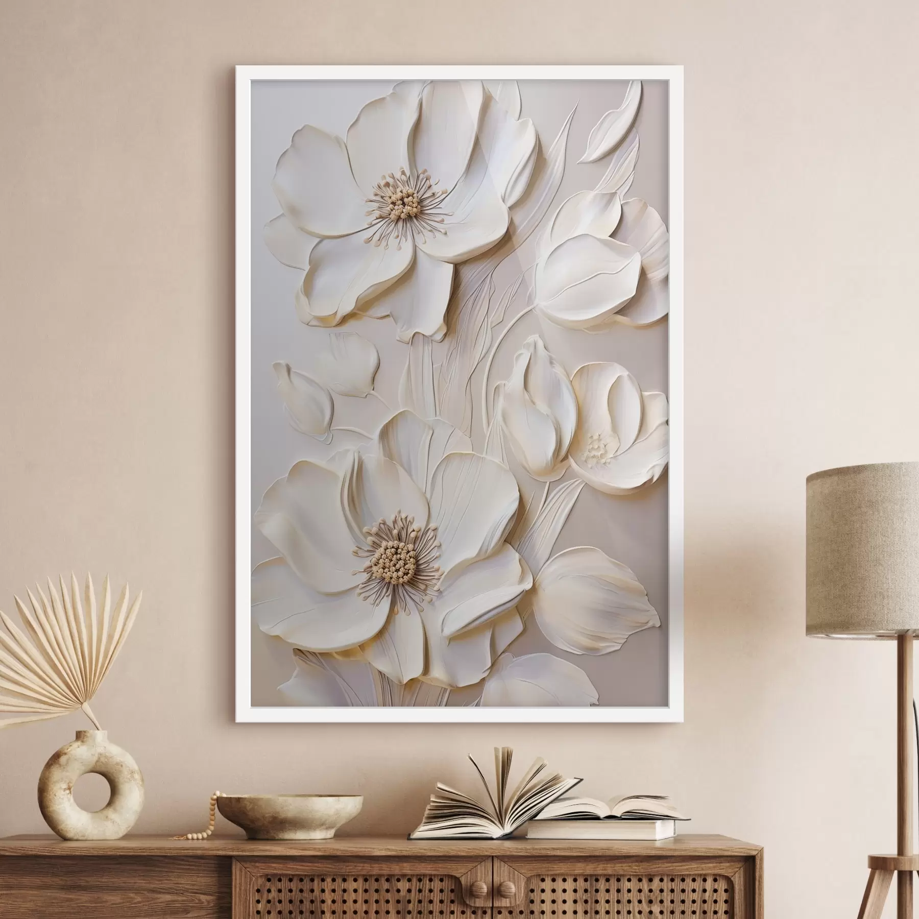 Fotobehang Crèmekleurige bloemen met gestructureerde bloemblaadjes, tegen een zachte, lichte achtergrond f50957
