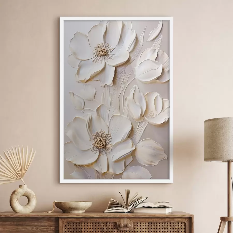 Fotobehang Crèmekleurige bloemen met gestructureerde bloemblaadjes, tegen een zachte, lichte achtergrond f50957