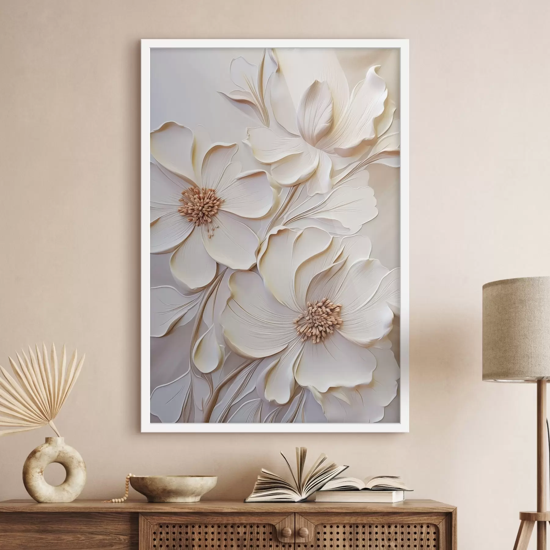 Fotobehang Crèmekleurige bloemen met gestructureerde bloemblaadjes, tegen een zachte, lichte achtergrond f50958
