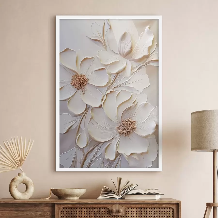 Fotobehang Crèmekleurige bloemen met gestructureerde bloemblaadjes, tegen een zachte, lichte achtergrond f50958