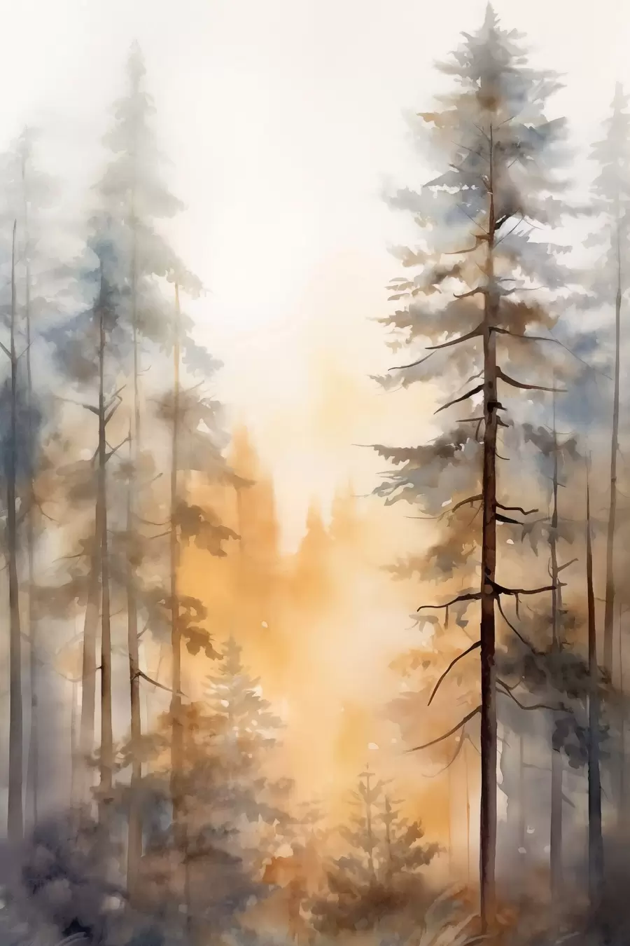 Fotobehang Hoge dennenbomen, boslandschap met warm oranje licht f50959