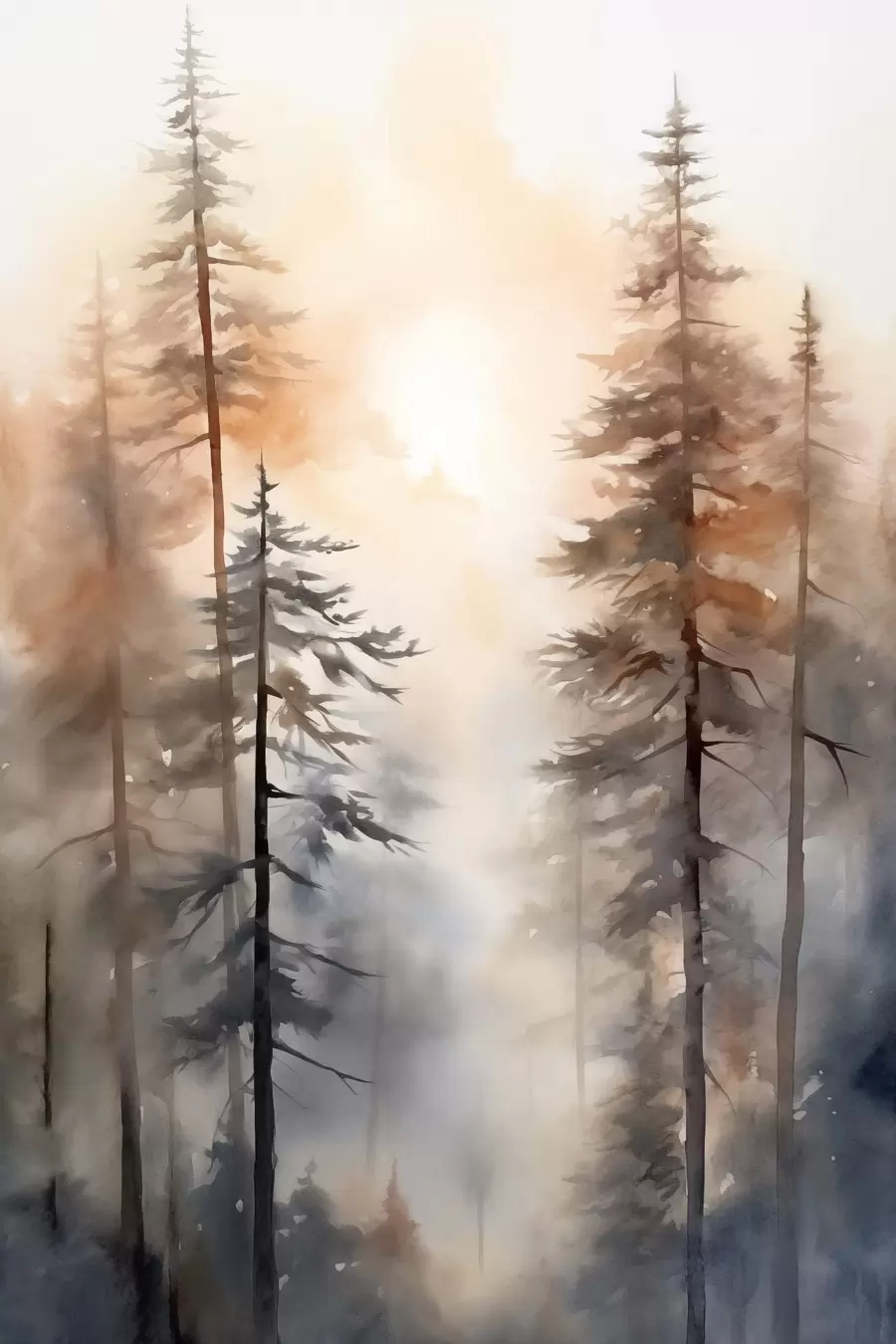 Fotobehang Hoge dennenbomen, boslandschap met warm oranje licht f50960