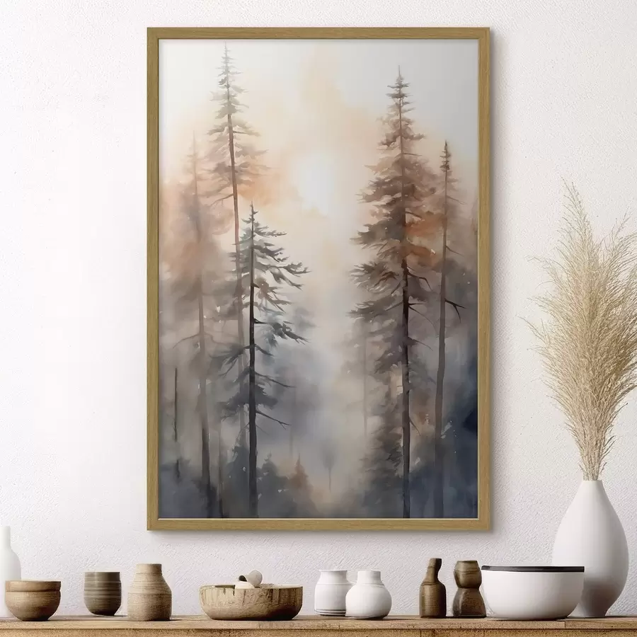 Fotobehang Hoge dennenbomen, boslandschap met warm oranje licht f50960