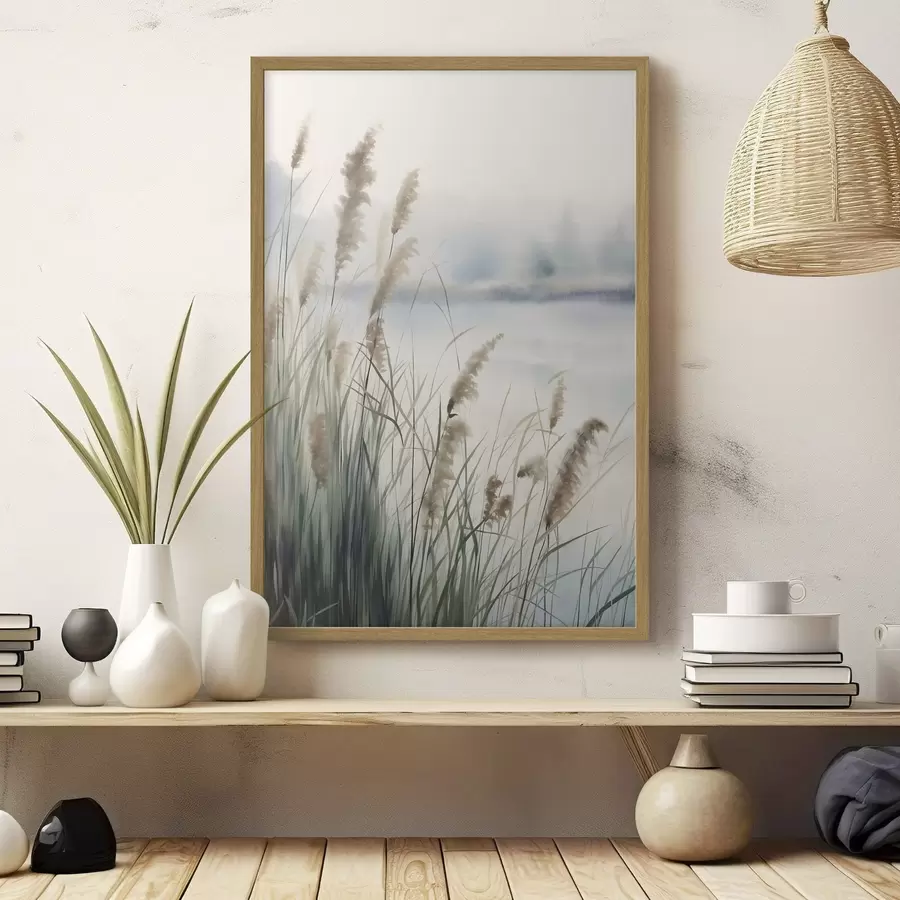 Fotobehang Hoog, pluizig pampasgras, een landschap met een mistige textuur f50963