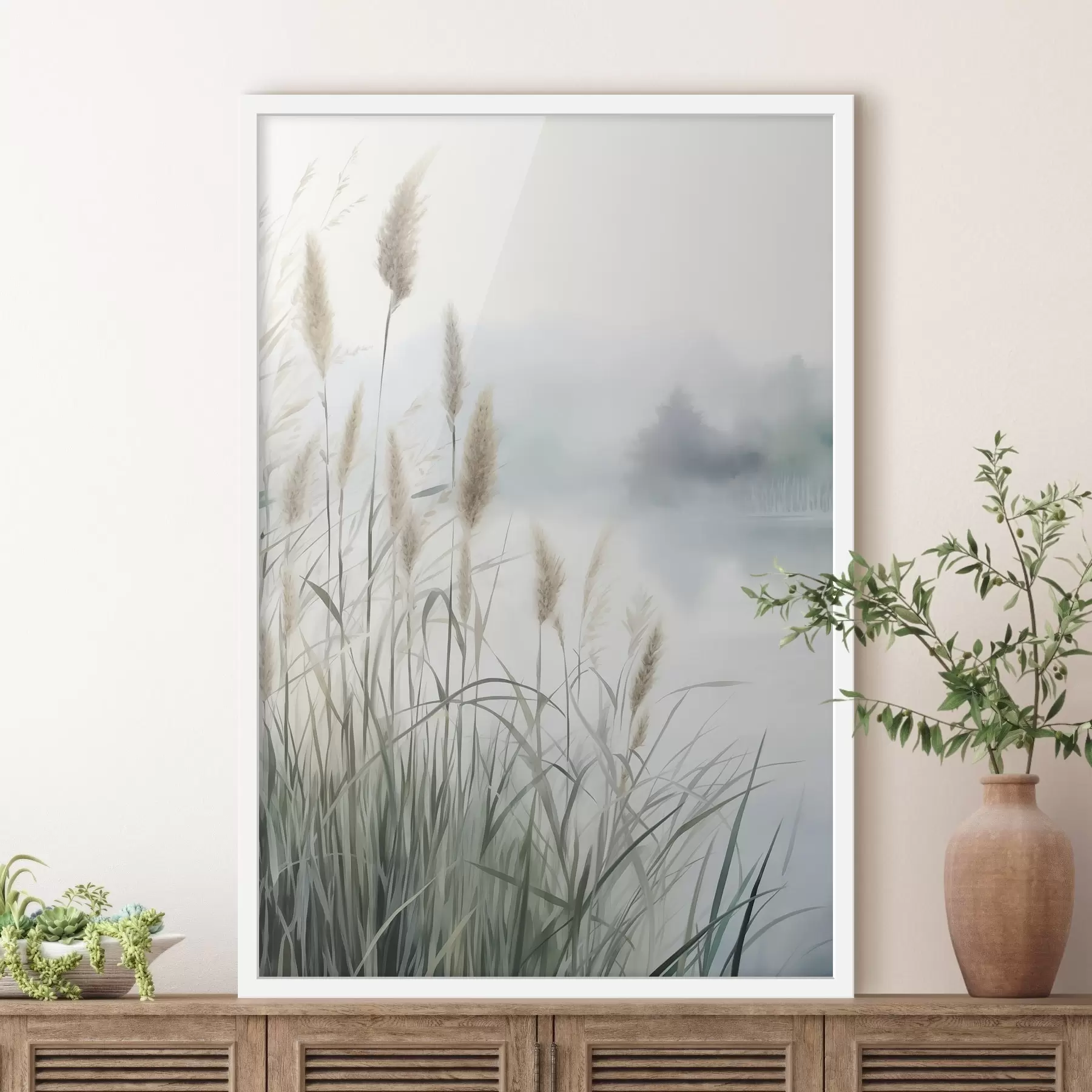 Fotobehang Hoog, pluizig pampasgras, een landschap met een mistige textuur f50964