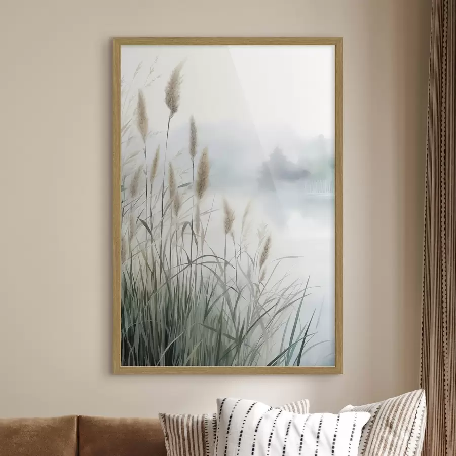 Fotobehang Hoog, pluizig pampasgras, een landschap met een mistige textuur f50964