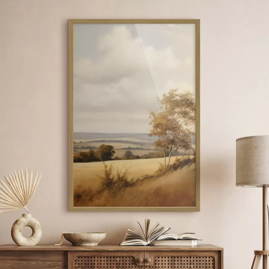 Fotobehang Landschap met reliëf, glooiende heuvels en velden, herfstbladeren, schilderachtige stijl f50965
