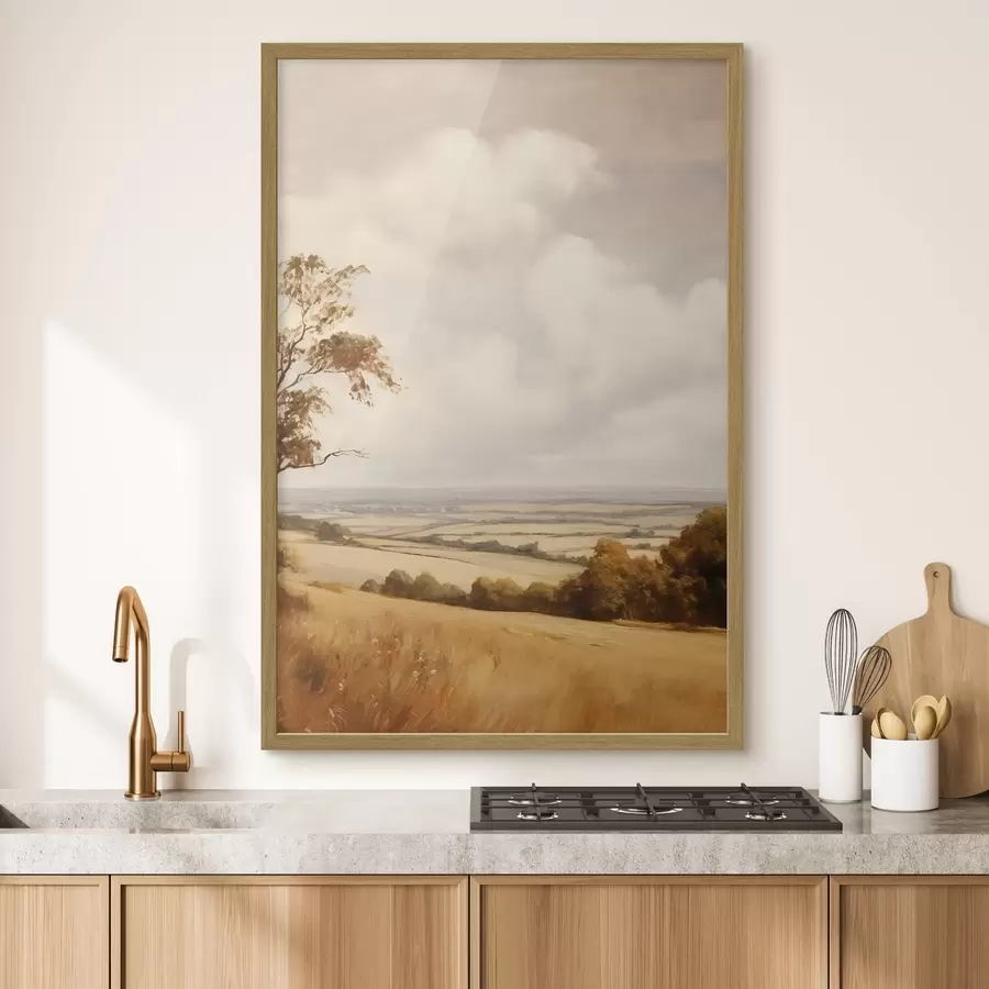 Fotobehang Landschap met reliëf, glooiende heuvels en velden, herfstbladeren, schilderachtige stijl f50966