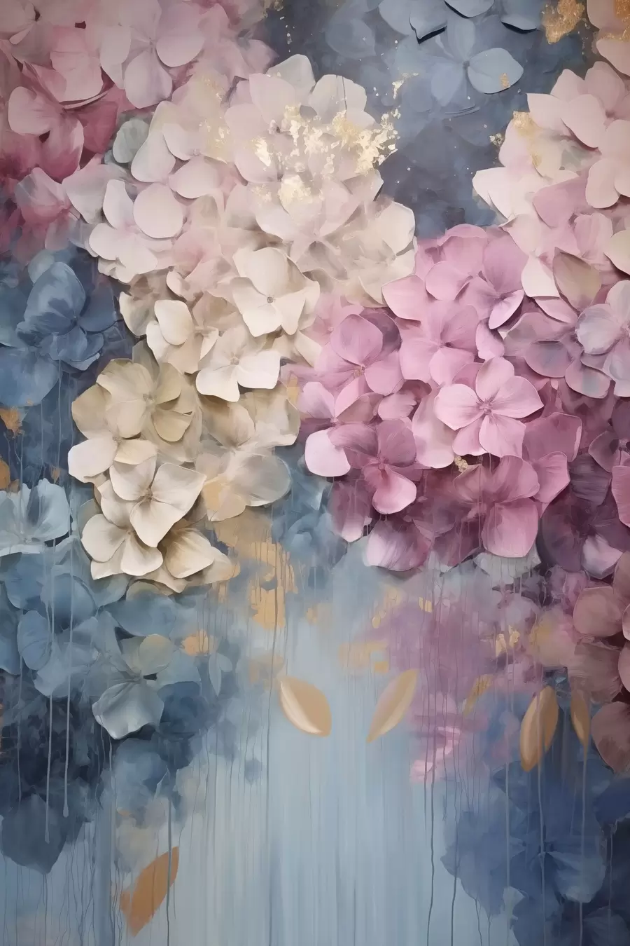 Fotobehang Hortensia’s in roze, crèmekleurige en blauwe tinten, met bloemblaadjes met een structuur, abstracte kunst f50967