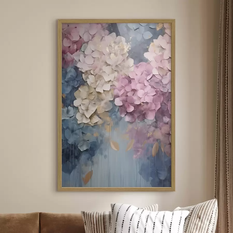 Fotobehang Hortensia’s in roze, crèmekleurige en blauwe tinten, met bloemblaadjes met een structuur, abstracte kunst f50967