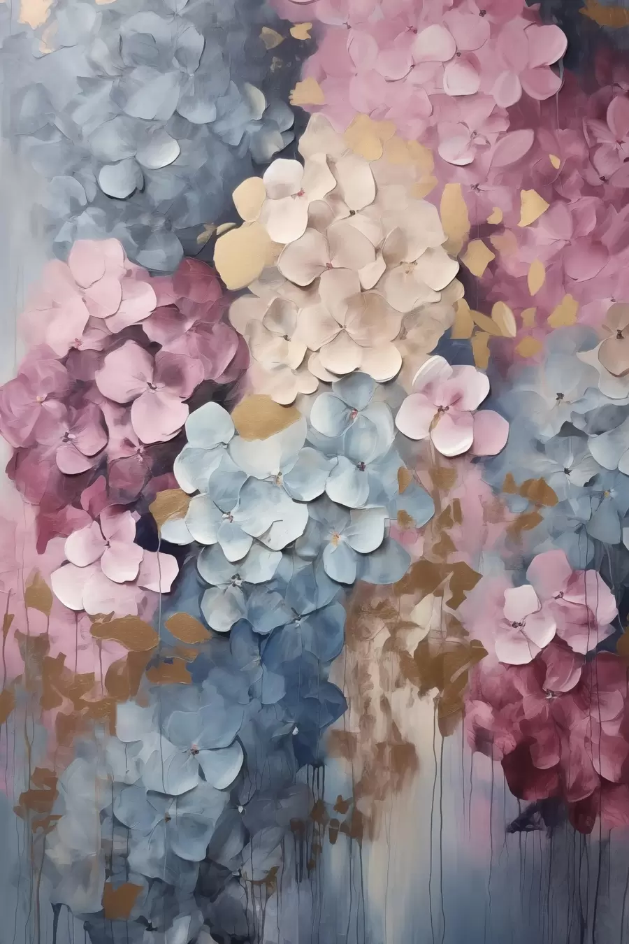 Fotobehang Hortensia’s in roze, crèmekleurige en blauwe tinten, met bloemblaadjes met een structuur, abstracte kunst f50968
