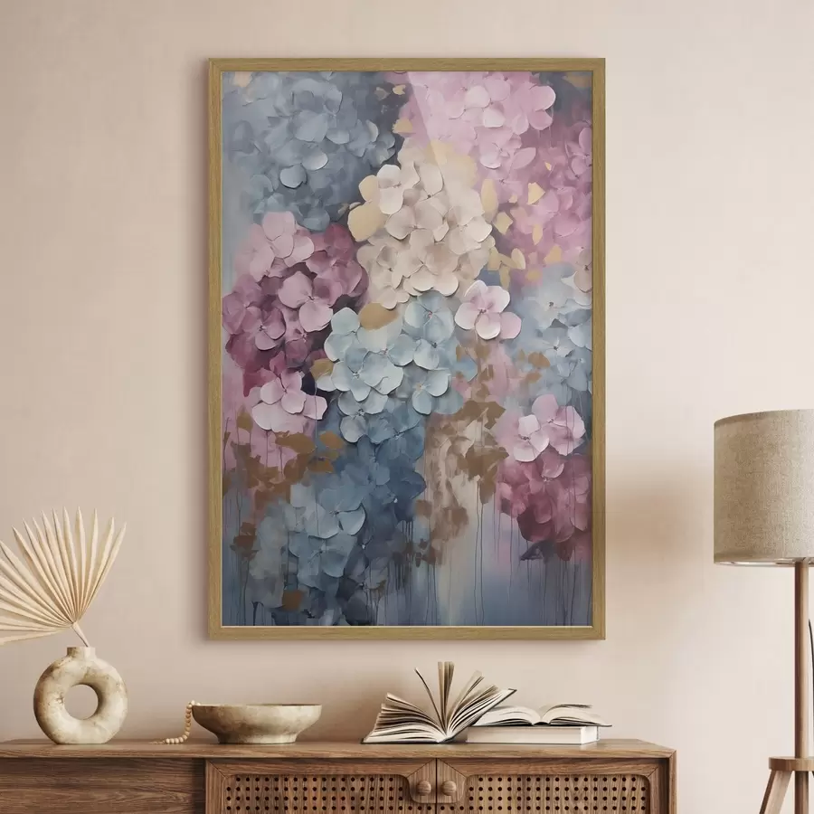 Fotobehang Hortensia’s in roze, crèmekleurige en blauwe tinten, met bloemblaadjes met een structuur, abstracte kunst f50968