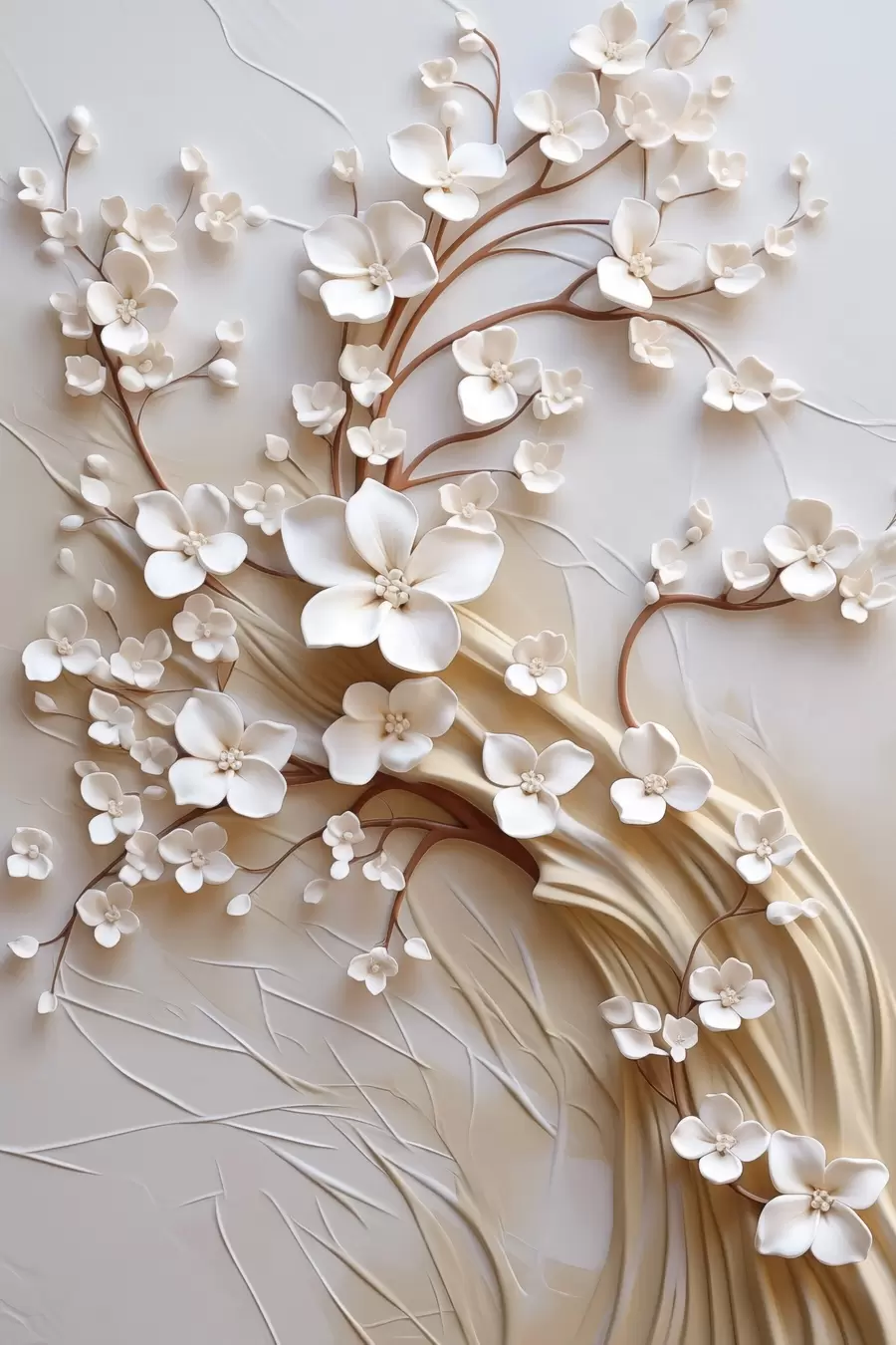 Fotobehang Boom met witte bloemen en bruine stengels, lichtbeige achtergrond met gestructureerde krullen f50971