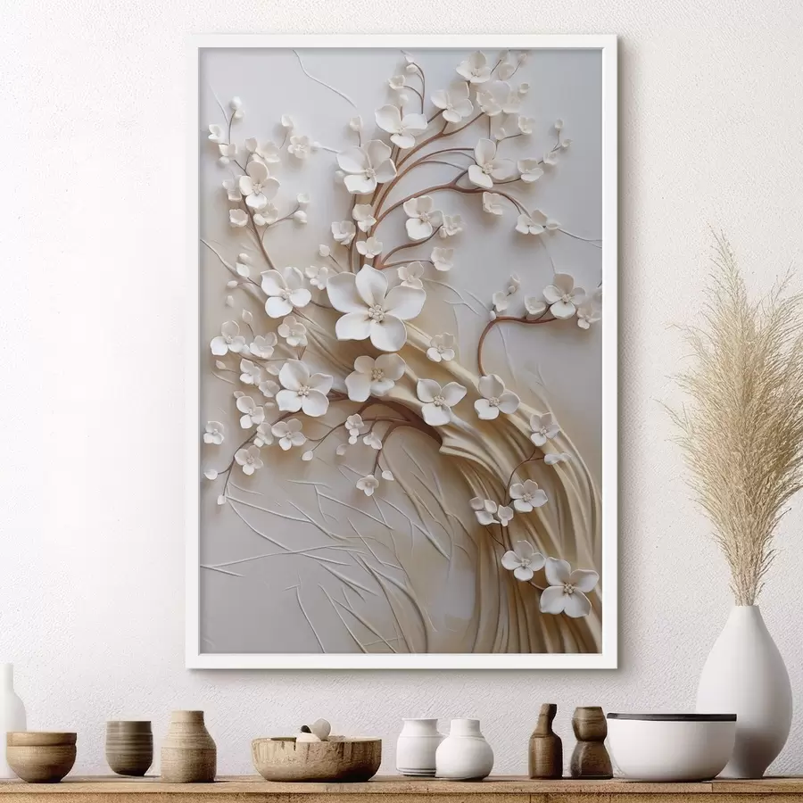 Fotobehang Boom met witte bloemen en bruine stengels, lichtbeige achtergrond met gestructureerde krullen f50971