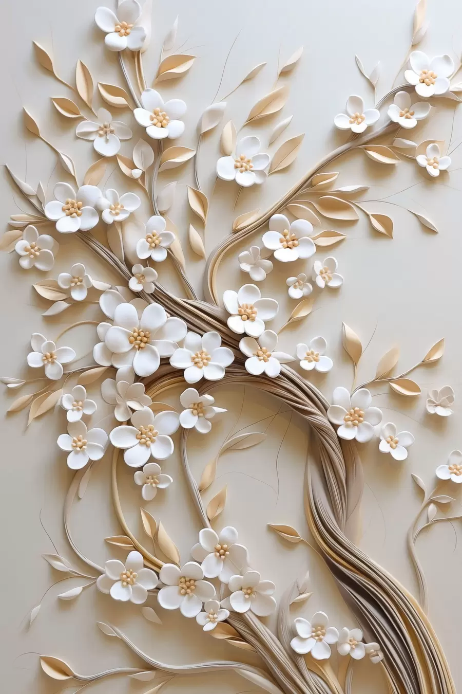 Fotobehang Boom met witte bloemen en bruine stengels, lichtbeige achtergrond met gestructureerde krullen f50972