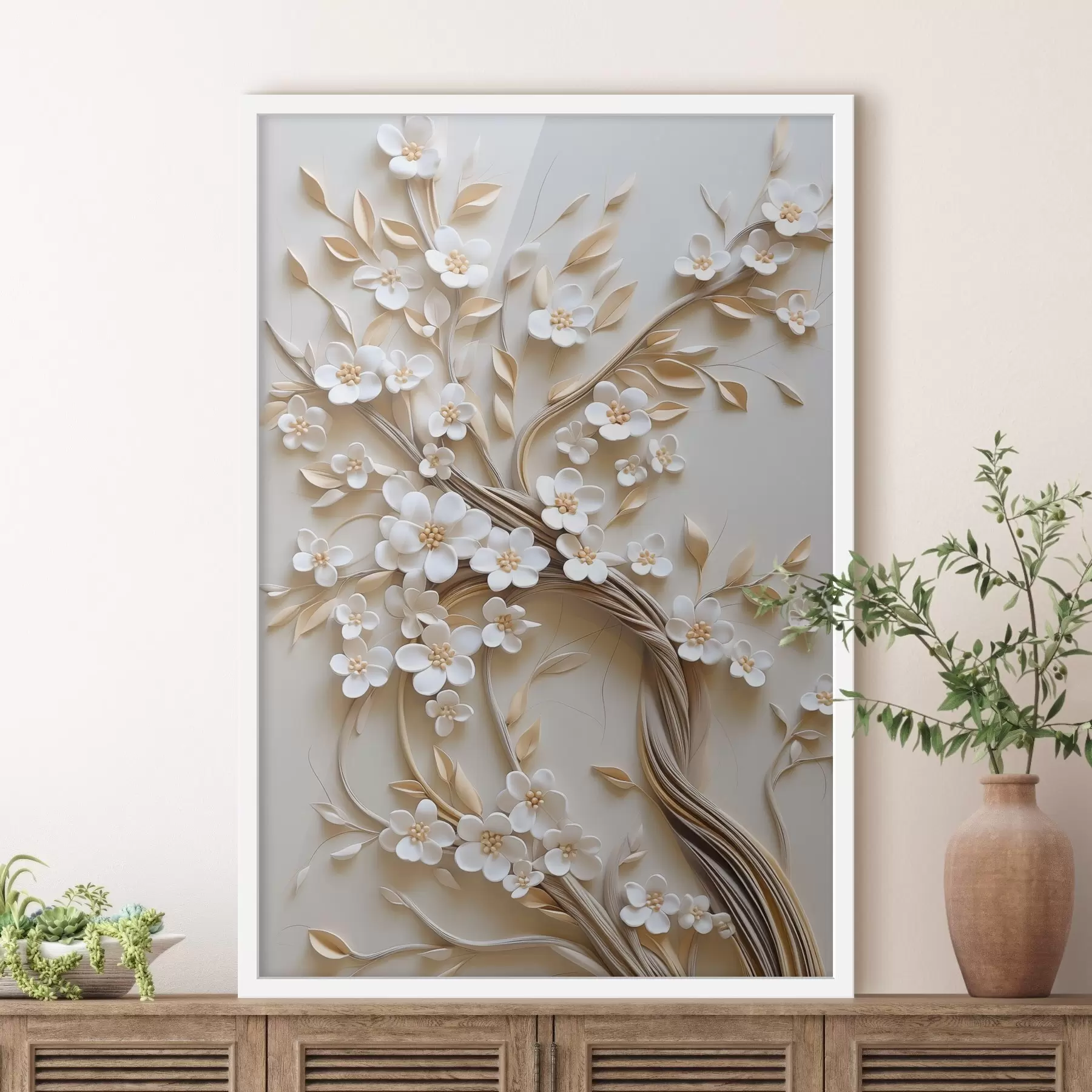 Fotobehang Boom met witte bloemen en bruine stengels, lichtbeige achtergrond met gestructureerde krullen f50972