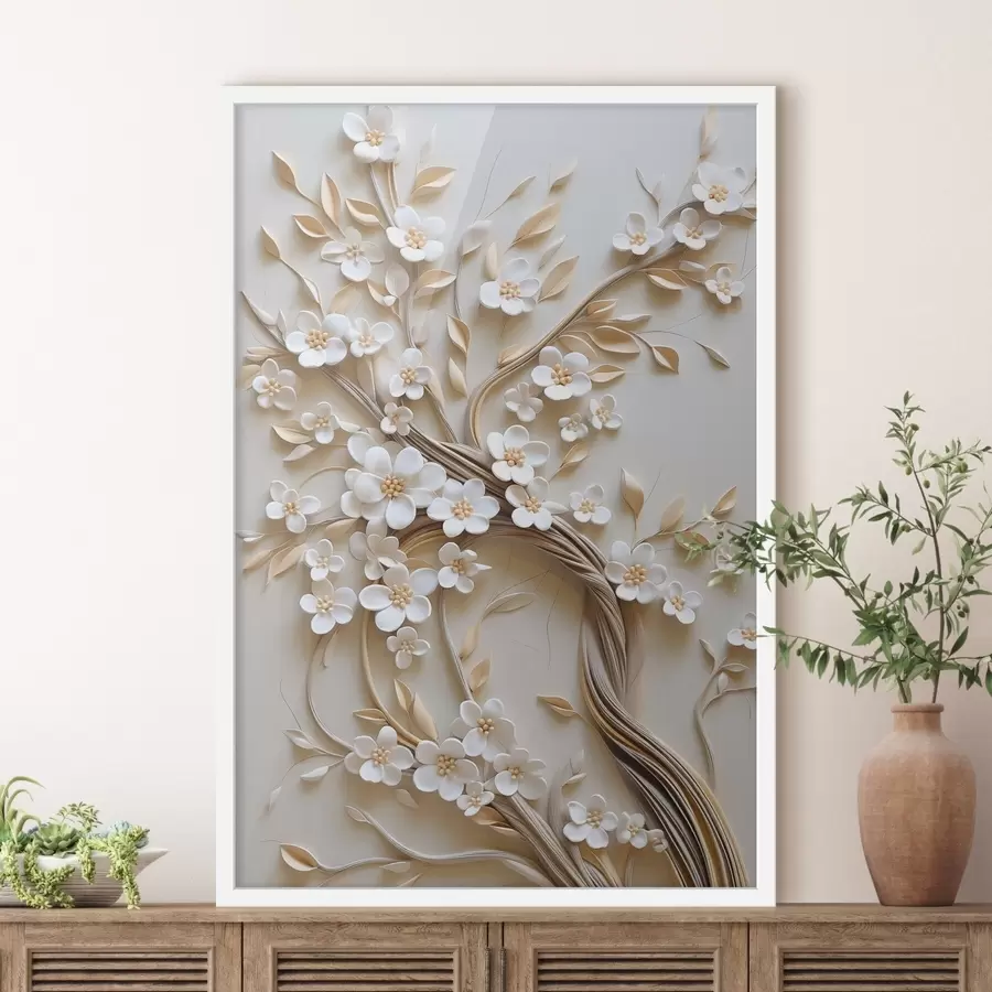 Fotobehang Boom met witte bloemen en bruine stengels, lichtbeige achtergrond met gestructureerde krullen f50972