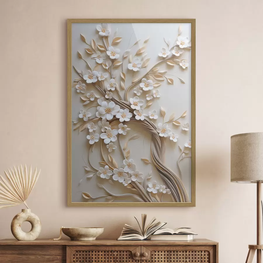 Fotobehang Boom met witte bloemen en bruine stengels, lichtbeige achtergrond met gestructureerde krullen f50972