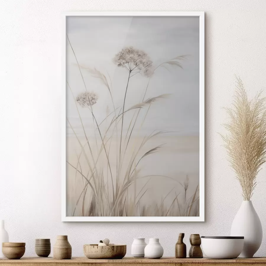 Fotobehang Hoog, droog gras en bloemen in ingetogen beige- en wittinten, met een zachte, wazige achtergrond f50973